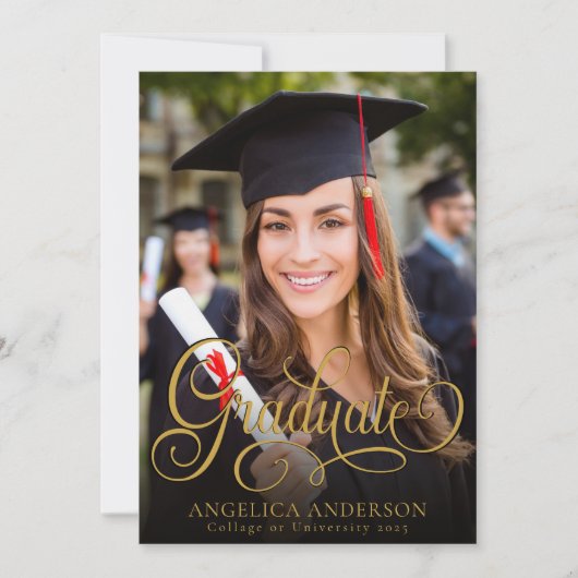 Graduate Foto Script Gold Schwarze Einladung (Vorderseite)