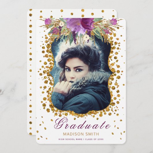 Graduate Foto Sparkle Blume Glitzer Confetti Einladung (Vorne/Hinten)