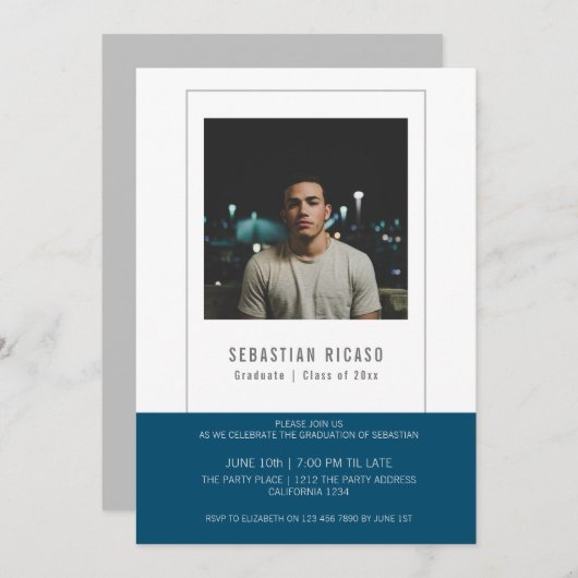 Graduate Foto Template Personalisiert blau Einladung (Vorne/Hinten)