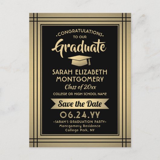 Graduate Glückwunschs Black & Gold Save the Date F Ankündigungspostkarte (Vorderseite)