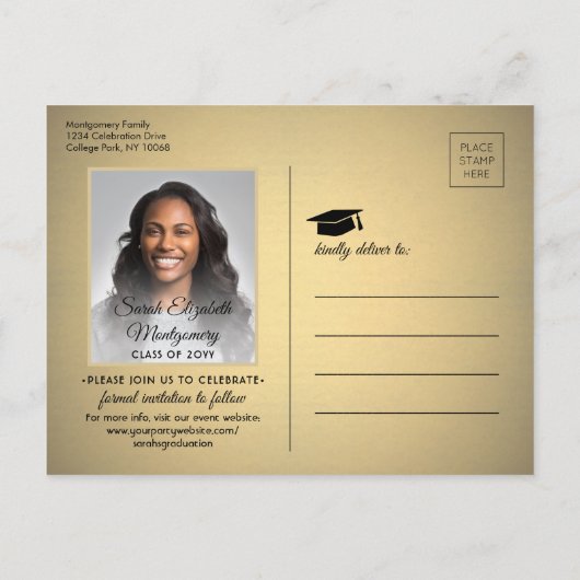 Graduate Glückwunschs Black & Gold Save the Date F Ankündigungspostkarte (Rückseite)