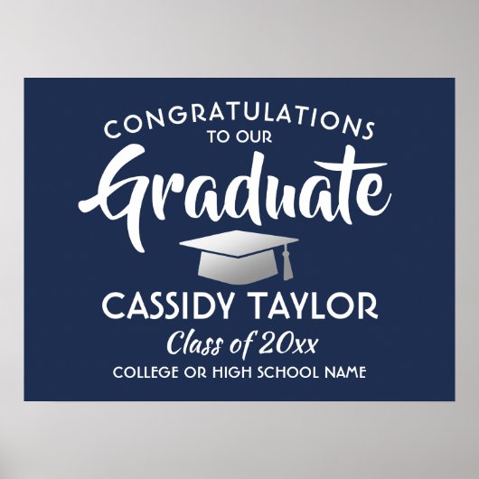 Graduate Glückwunschs Navy Blue und White Abschlus Poster (Vorne)