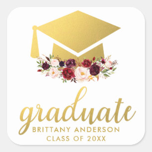 Graduate Gold Burgundy Wasserfarbenfloral Quadratischer Aufkleber