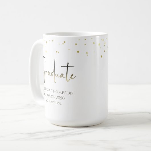Graduate Gold Confetti Modern Calligraphy Script Kaffeetasse (Vorderseite Links)