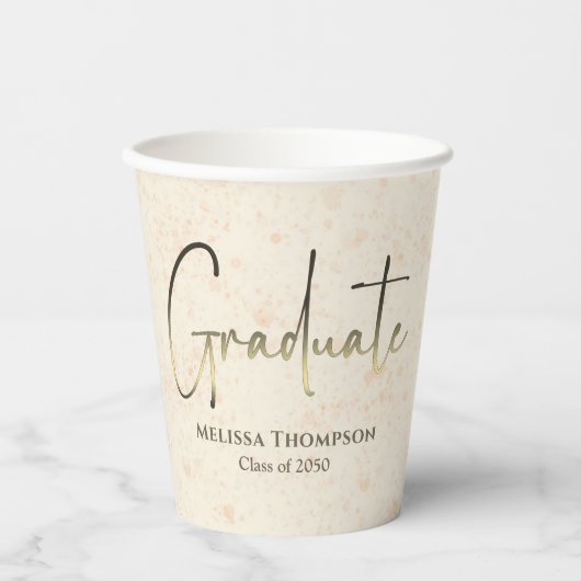 Graduate Gold Confetti Modern Calligraphy Script Pappbecher (Vorderseite)