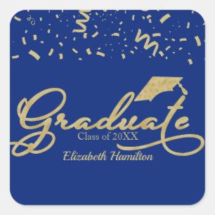 Graduate Gold Foil Graduation Party Blue Quadratischer Aufkleber