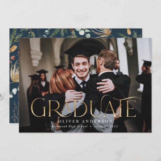 Graduate gold Foto Aquarell botanische Blüte und Ankündigung (Vorne/Hinten)