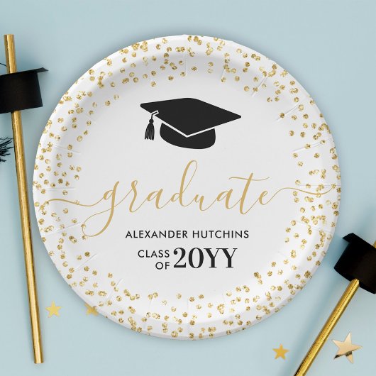 Graduate Gold Glitzer Confetti Graduation Party Pappteller