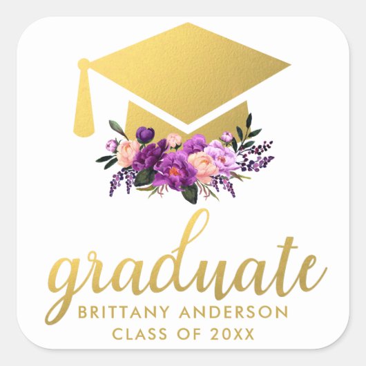 Graduate Gold Lila Watercolor Floral Quadratischer Aufkleber (Vorderseite)