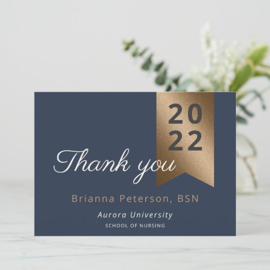 Graduate Gold Navy Imitate Foil Flat Danke Karte (Stehend Vorderseite)