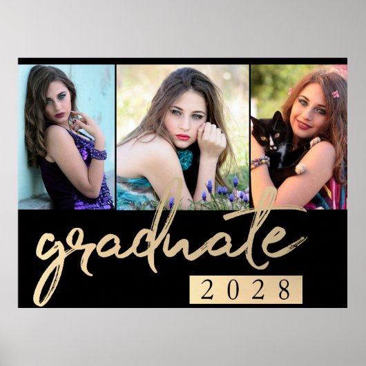 Graduate Gold Script | Elegantes 3 Foto Keepake Poster (Vorne)