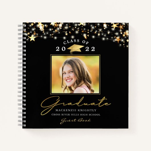 Graduate Guest Book 2022 Foto Black Gold Notizblock (Vorderseite)