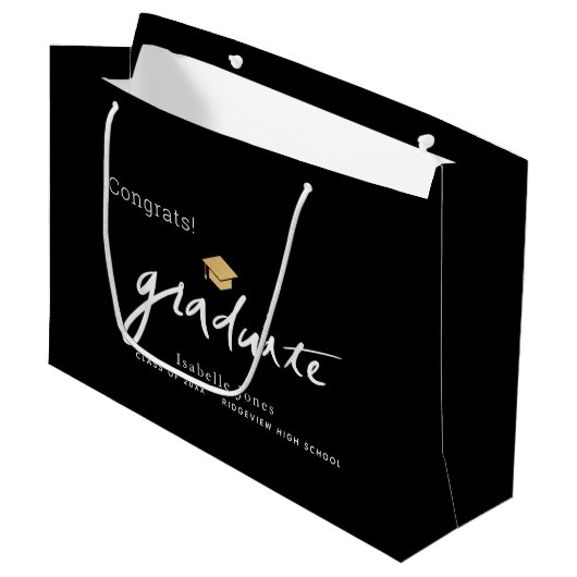 Graduate Handwriting Script Graduation Cap Black Große Geschenktüte (Vorderseite Schrägansicht)