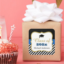 Graduate Hat Modern Gold Navy Stripes Abschluss Quadratischer Aufkleber