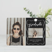 Graduate Hat Script Black Minimal Foto Collage Einladung (Stehend Vorderseite)