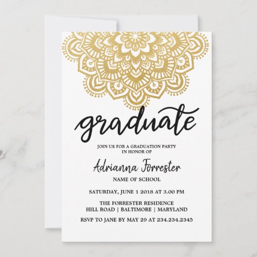 Graduate Imitats Gold Foil Mandala Muster Einladung (Vorderseite)