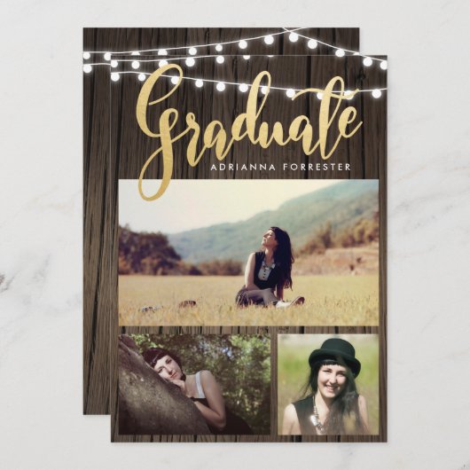 Graduate Imitats Gold Foil | String Lights-Foto Einladung (Vorne/Hinten)