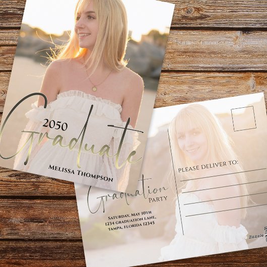 Graduate Minimalistisch Foto Template Gold Script Postkarte