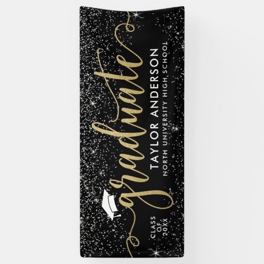 Graduate Modern Gold Script Black Graduation Party Banner (Vertikal)