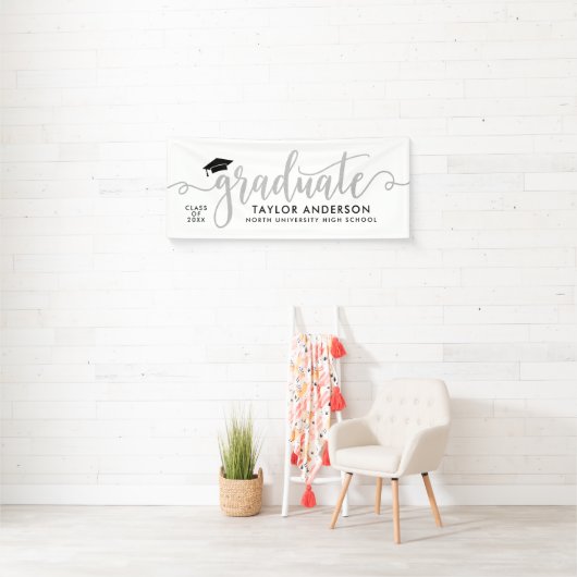 Graduate Modern Silver Script Graduation Party Banner (Insitu)