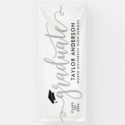 Graduate Modern Silver Script Graduation Party Banner (Vertikal)