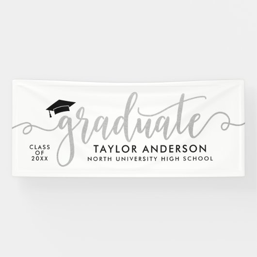 Graduate Modern Silver Script Graduation Party Banner (Horizontal)