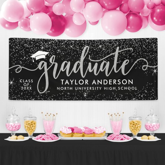 Graduate Modern Silver Script Graduation Party Banner