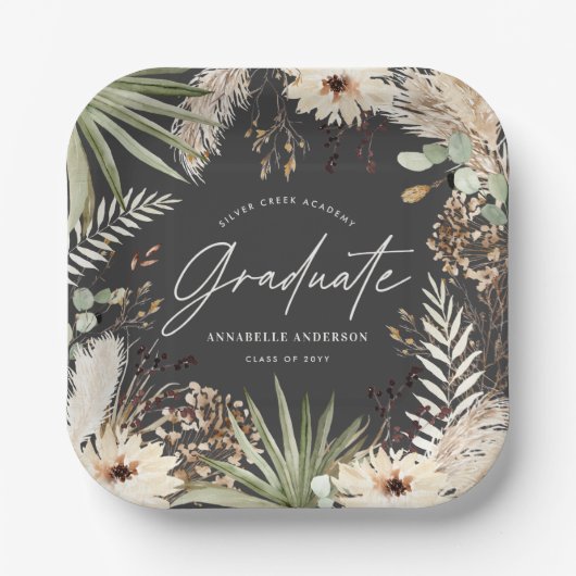 Graduate moderne Pampas Gras schwarz elegant Pappteller (Vorderseite)