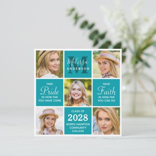 Graduate Monogram 5 Foto Collage Aquamariner Absch Einladung (Stehend Vorderseite)