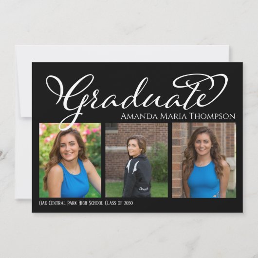 Graduate Multi Foto Black Elegante Calligraphie Einladung (Vorderseite)