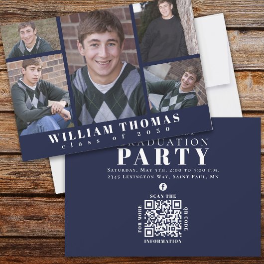 Graduate Multi Foto Collage Navy Blue QR Code Einladung