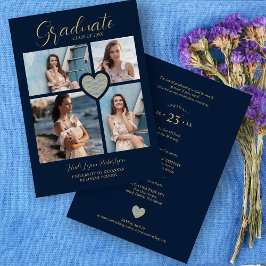 Graduate Navy Blue Trendy Heart Collage 4 Photos Einladung