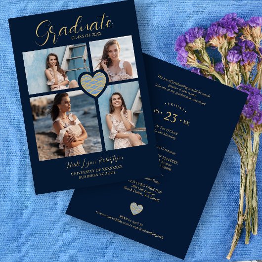 Graduate Navy Blue Trendy Heart Collage 4 Photos Einladung