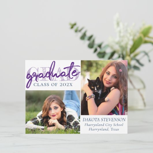 Graduate Navy Script | Dunkelblau 2 Foto Keepake Einladung (Stehend Vorderseite)