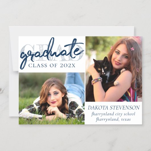 Graduate Navy Script | Dunkelblau 2 Foto Keepake Magneteinladung (Vorderseite)