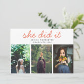 Graduate Niedlich Sie schrieb drei Fotos Coral Einladung (Stehend Vorderseite)