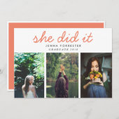 Graduate Niedlich Sie schrieb drei Fotos Coral Einladung (Vorne/Hinten)