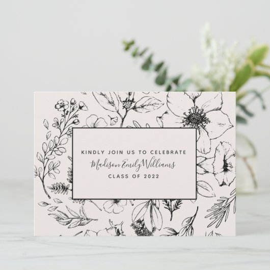 Graduate Party Blush Botanisches Skript 3 Foto Einladung (Stehend Vorderseite)