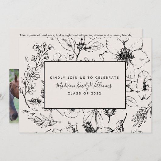 Graduate Party Blush Botanisches Skript 3 Foto Einladung (Vorne/Hinten)