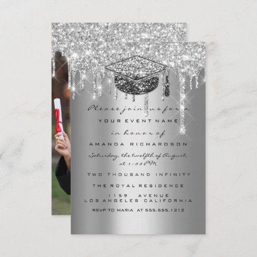 Graduate Party Glitzer Silver Gray Tropfen Gold Fo Einladung (Vorne/Hinten)
