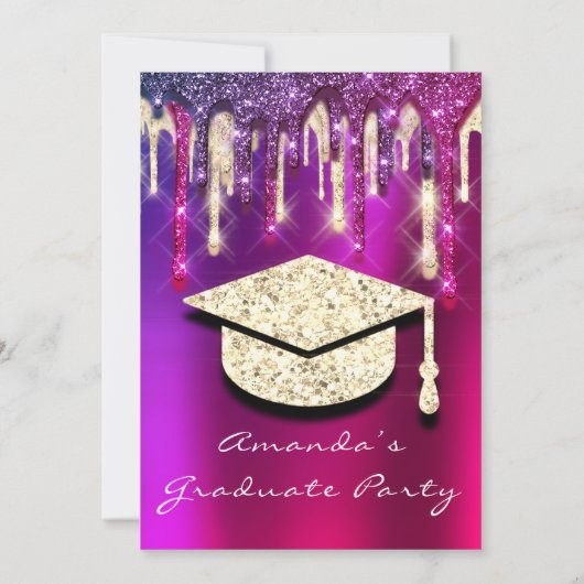 Graduate Party Gold Cap Glitzer Holograph PINK 3D Einladung (Rückseite)