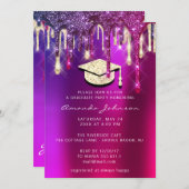 Graduate Party Gold Cap Glitzer Holograph PINK 3D Einladung (Vorne/Hinten)
