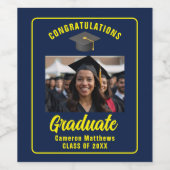 Graduate Party of Navy Blue Yellow Graduate Foto Weinetikett (Einzelnes Label)