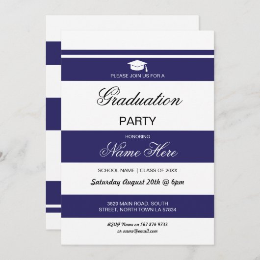 Graduate Party Stripe Navy White Einladung Graduat (Vorne/Hinten)