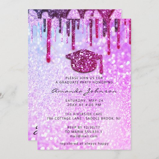 Graduate Party Tropfen Cap 3D Holograph Glitzer Pi Einladung (Vorne/Hinten)