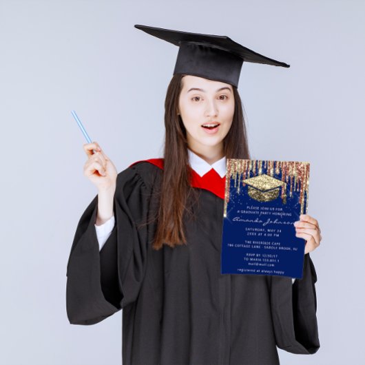 Graduate Party Tropfen Glitzer Blue Gold Confetti Einladung