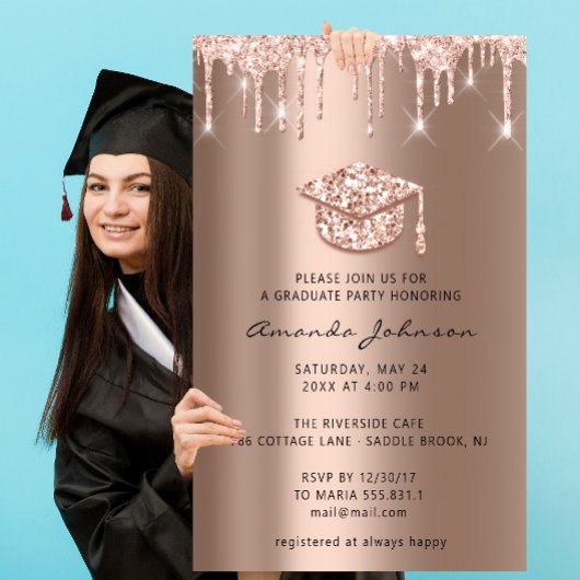Graduate Party Tropfen Rose Gold Cap 3D Blush Einladung