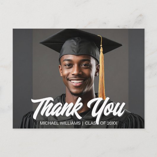Graduate Photo Bold Script Graduation Thank You Postkarte (Vorderseite)
