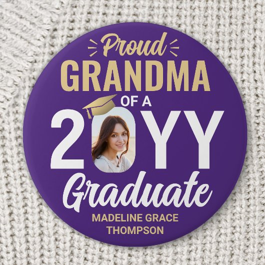 Graduate Photo Proud Grandma Modern Purple & Gold Button
