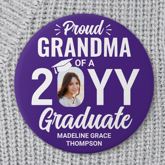 Graduate Photo Proud Grandma Modern Purple & White Button